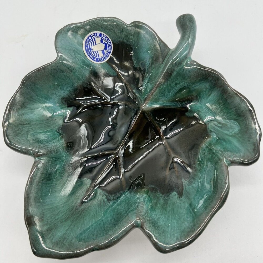 Blue Mountain Pottery Blue Green Maple Leaf Candy Trinket Bowl